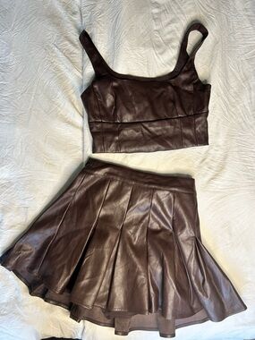Brown Faux Leather Pleated Mini Skirt and top set